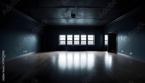 Empty dark room with large windows, sunrays from them