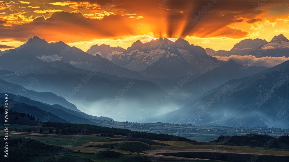 Mountains bathed in the golden light of sunset, a majestic silhouette of the beauty and tranquility of nature.