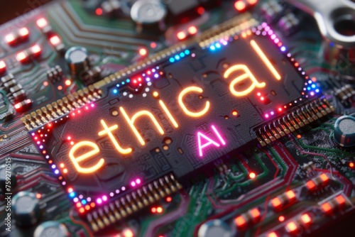 A computer chip with the word Ethical AI on it. The chip is surrounded by a blue and red glow