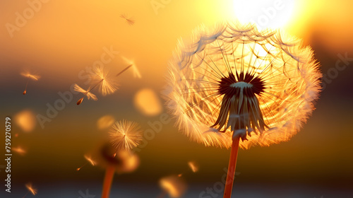 Dandelions in the sun  seeds fluttering in the wind