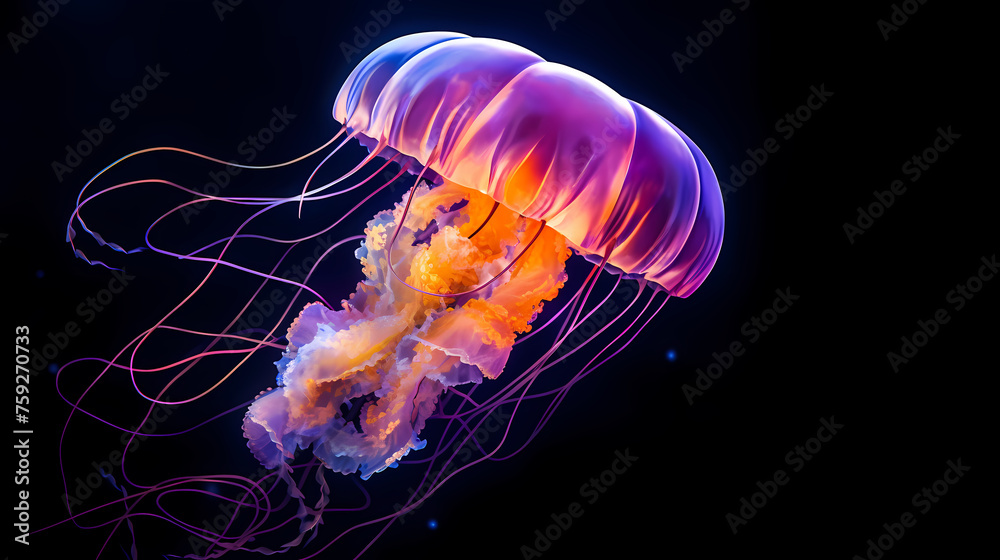 Fototapeta premium Underwater world concept, beautiful purple glowing jellyfish in the depths