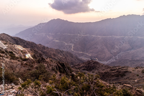 Evening view of a deep valley near Al Baha, Saudi Arabia