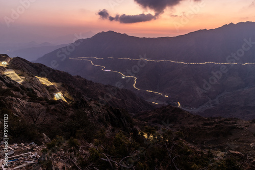 Evening view of a deep valley in Sarawat mountains near Al Baha, Saudi Arabia photo