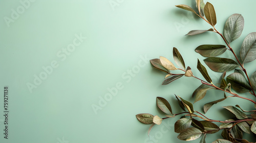 Laurel leaves on side of pastel colored light green background with copy space

