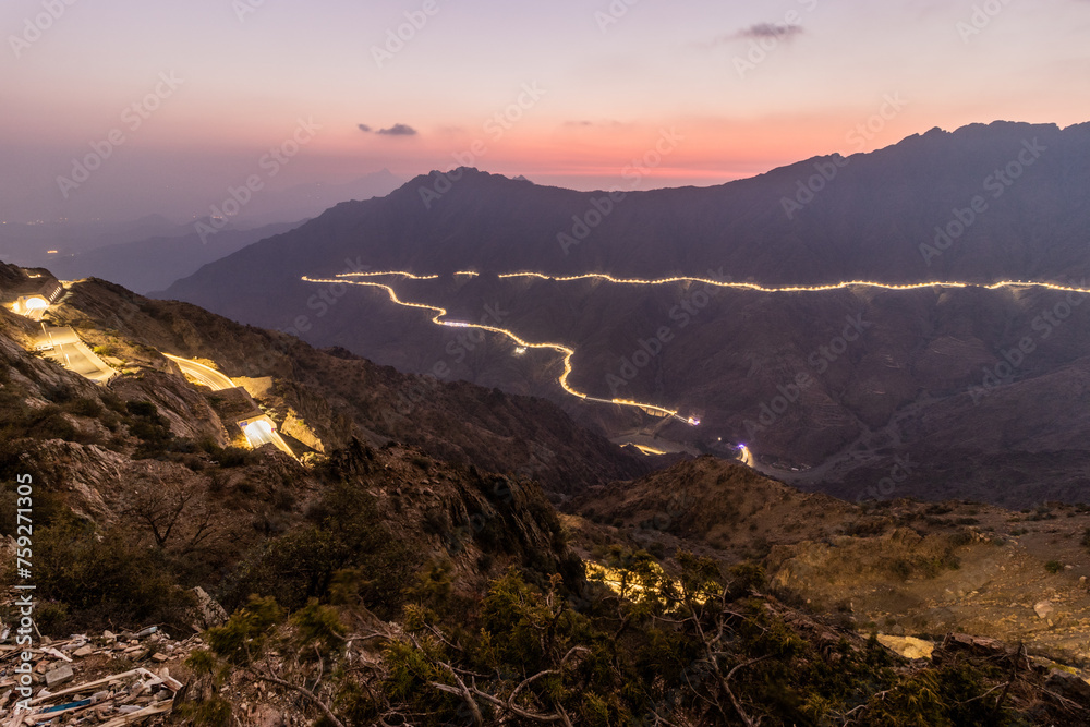 Obraz premium Evening view of a deep valley in Sarawat mountains near Al Baha, Saudi Arabia