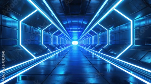 Dark, futuristic corridor aglow with the electric blue illumination of neon lights. © DreamPointArt