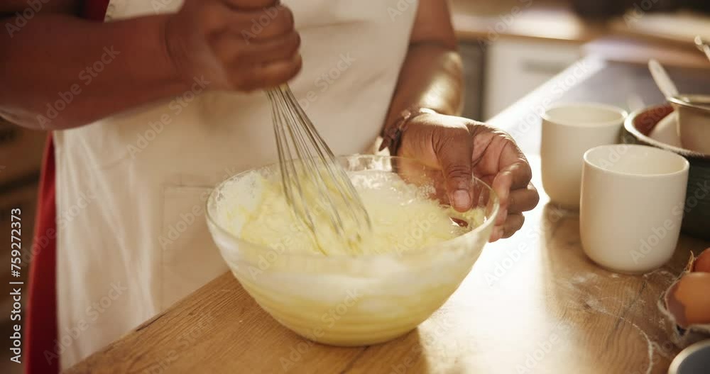 Closeup, hands or whisk for baking in kitchen with mixing bowl, wheat or meal prep for dessert or pudding in home. Person, cooking process or ingredients with eggs for cake, handmade cookies or snack