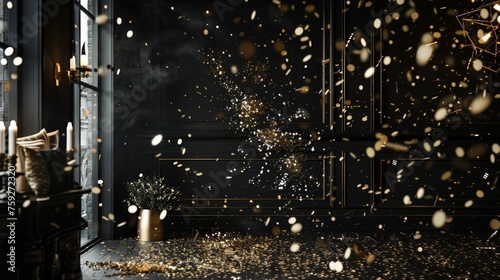 Elegant photo studio decorated with confetti on a sophisticated black background generative ai photo