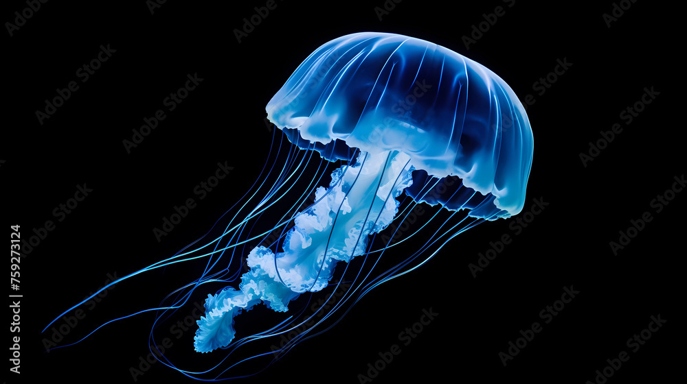 Underwater world concept, beautiful purple glowing jellyfish in the depths