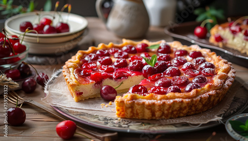 Delicious cherry pie on the table next to a fresh berries cut slice © Alina Zavhorodnii