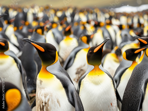 King penguin colony. Many birds together, in Falkland Islands. Wildlife scene from nature. Animal behaviour in Antarctica. Many penguins.  photo