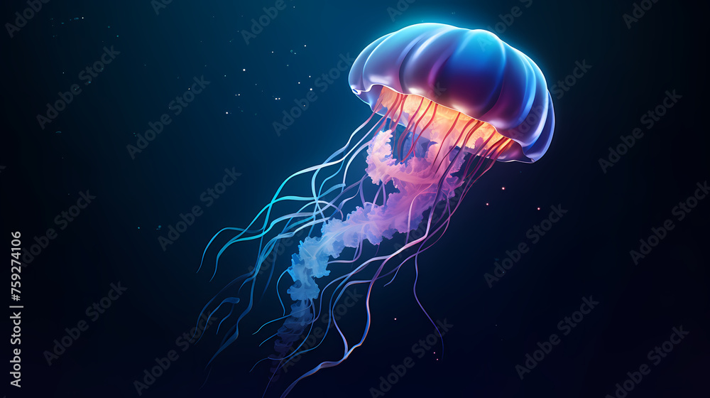 Naklejka premium Beautiful glowing jellyfish in the depths, concept of underwater world and marine ecology