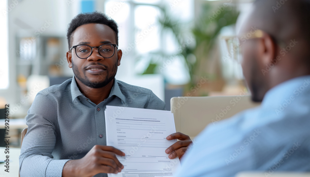A dark-skinned man in an office showing papers to his interlocutor, paperwork in a team setting