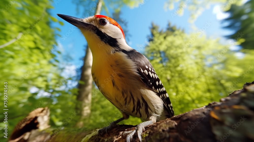 Fototapeta premium Close-Up of a Woodpecker Perched on a Tree in the Forest.