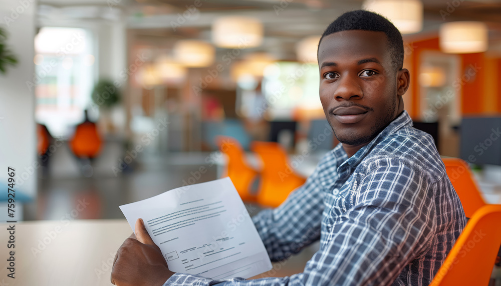 A dark-skinned man in an office showing papers to his interlocutor, paperwork in a team setting A dark-skinned man in an office showing papers to his interlocutor, paperwork in a team setting