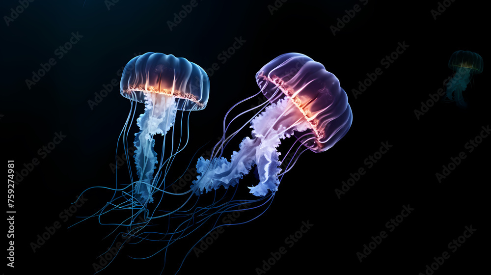 Naklejka premium Beautiful glowing jellyfish in the depths, concept of underwater world and marine ecology