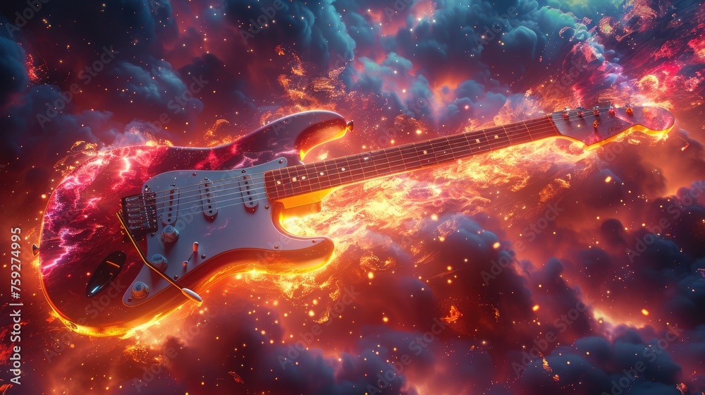 An electric guitar stands surrounded by a cosmic scene filled with twinkling stars. - obrazy, fototapety, plakaty 