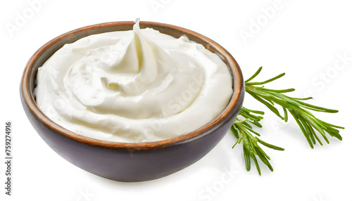 Sour cream in a bowl top view isolated on white background