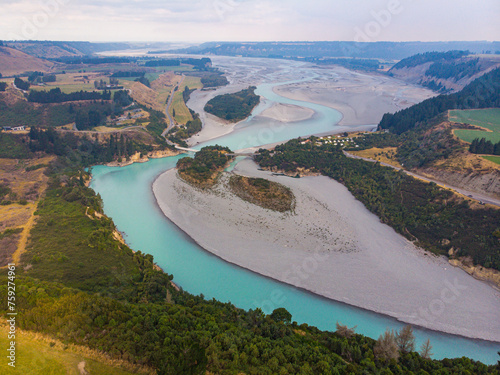 aerial panorama of unique rakaia gorge in canterbury, new zealand south island;  photo