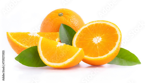 Orange fruit slices with leaf isolated on white background