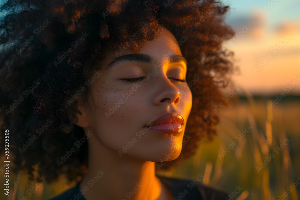 A mixed race woman is shown relaxing and breathing fresh air outdoor at sunset. A mixed race woman is shown relaxing and breathing fresh air outdoor at sunset.