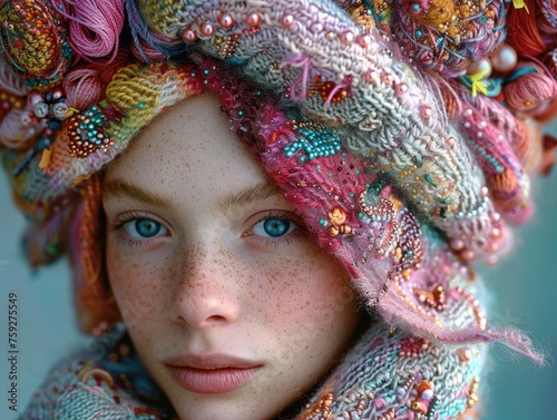 A portrait of a woman showcasing a vibrant, colorful hat and scarf on her head.