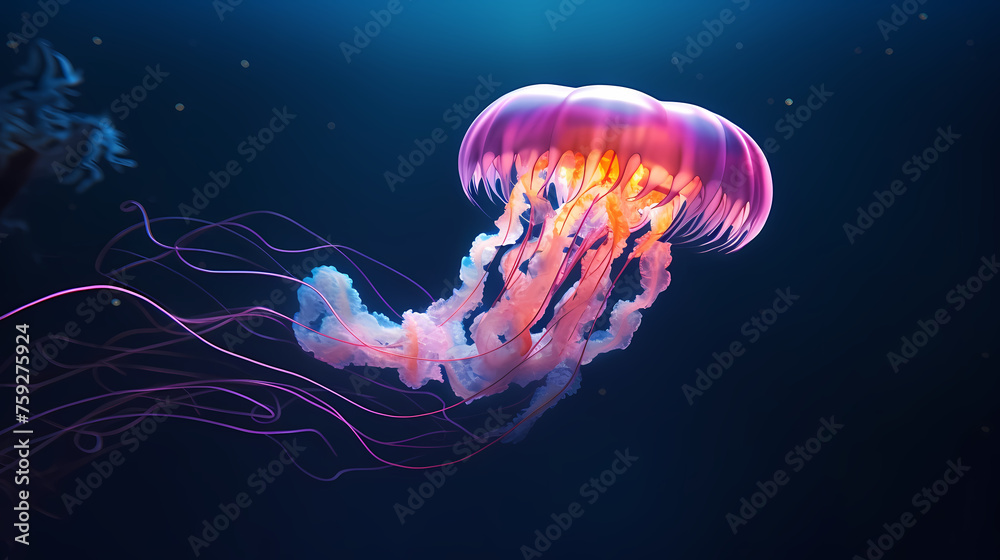 Obraz premium Beautiful glowing jellyfish in the depths, concept of underwater world and marine ecology