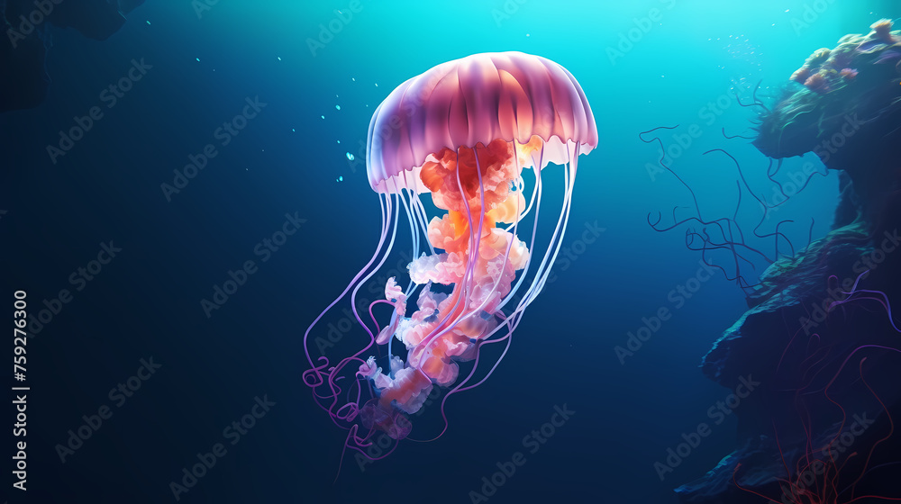 Beautiful glowing jellyfish in the depths, concept of underwater world and marine ecology Beautiful glowing jellyfish in the depths, concept of underwater world and marine ecology
