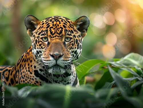 jaguar in its habitat alert and staring at the camera with bokeh background