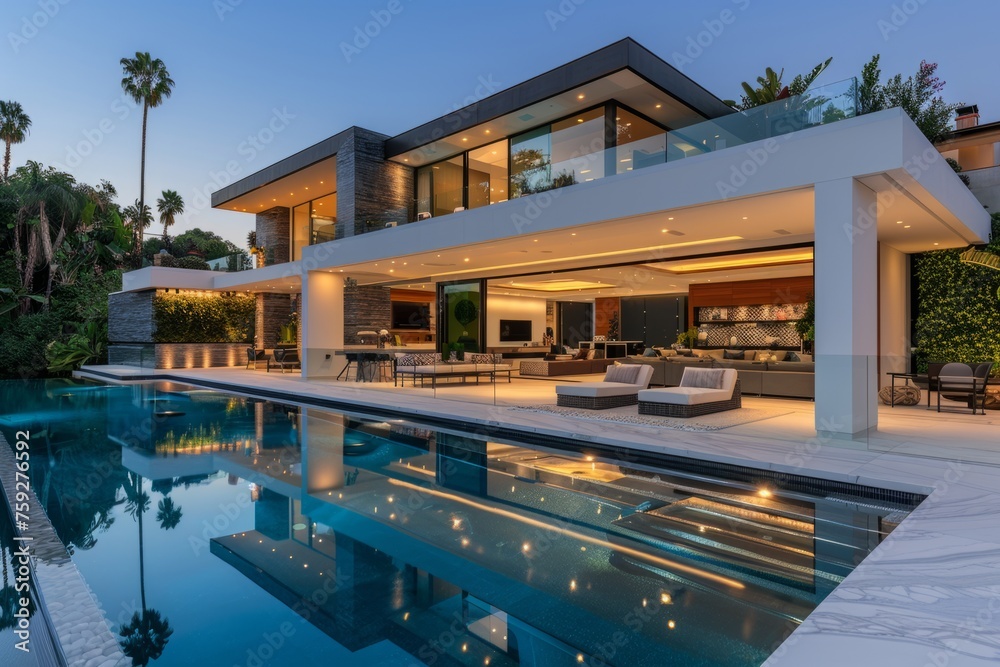 Fototapeta premium A large house with a pool and a lot of windows. The house is very modern and has a lot of natural light coming in