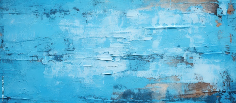 A closeup shot of an electric blue wall with a fluid aqua painting on it, creating a liquid water pattern in a rectangular shape