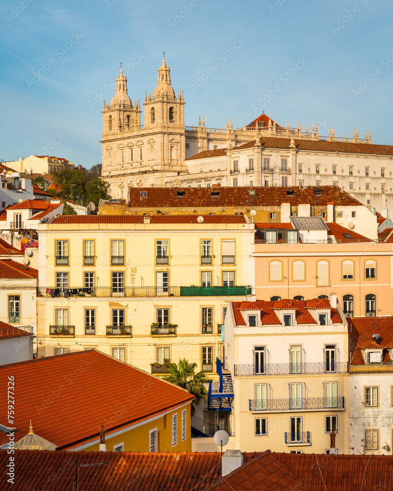 Lisbon cityscape panorama. View of the famous Alfama downtown. Panoramic view of the beautiful skyline of Lisbon, Portugal	