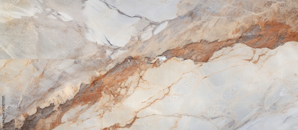 A detailed closeup image revealing the intricate marble texture featuring a prominent brown swirl. Perfect inspiration for flooring, art, or landscape design