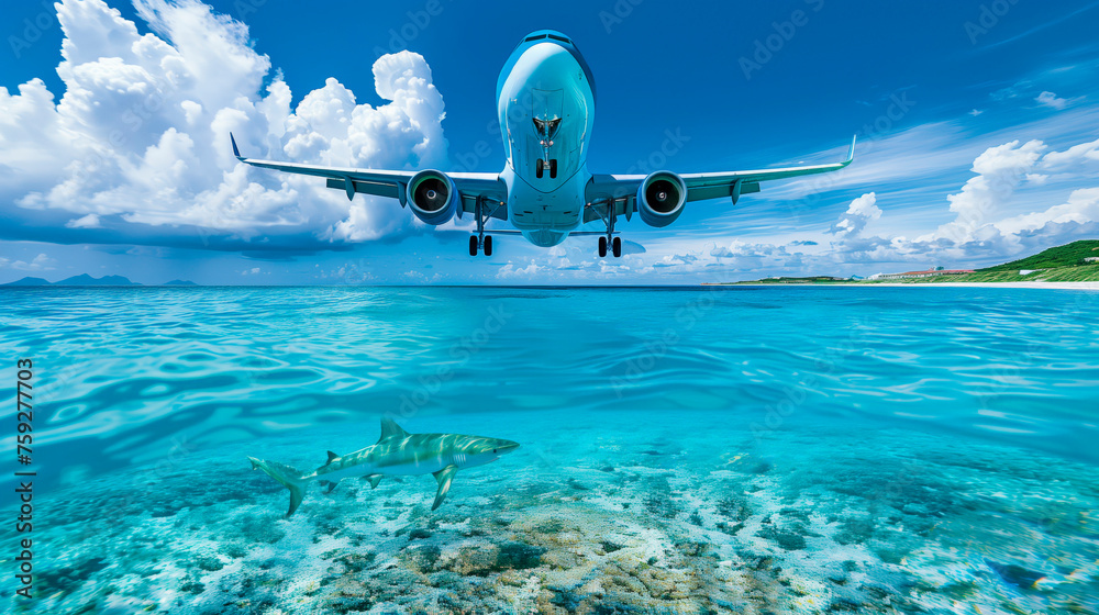 Fototapeta premium Airplane Landing Above Shark in Clear Ocean Waters