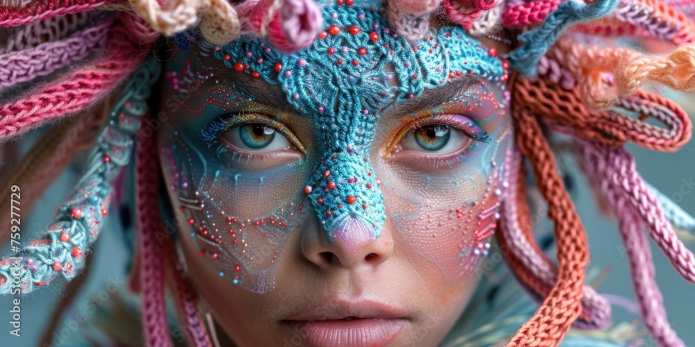 A portrait of a woman with intricate blue and pink face paint, creating a striking visual effect.