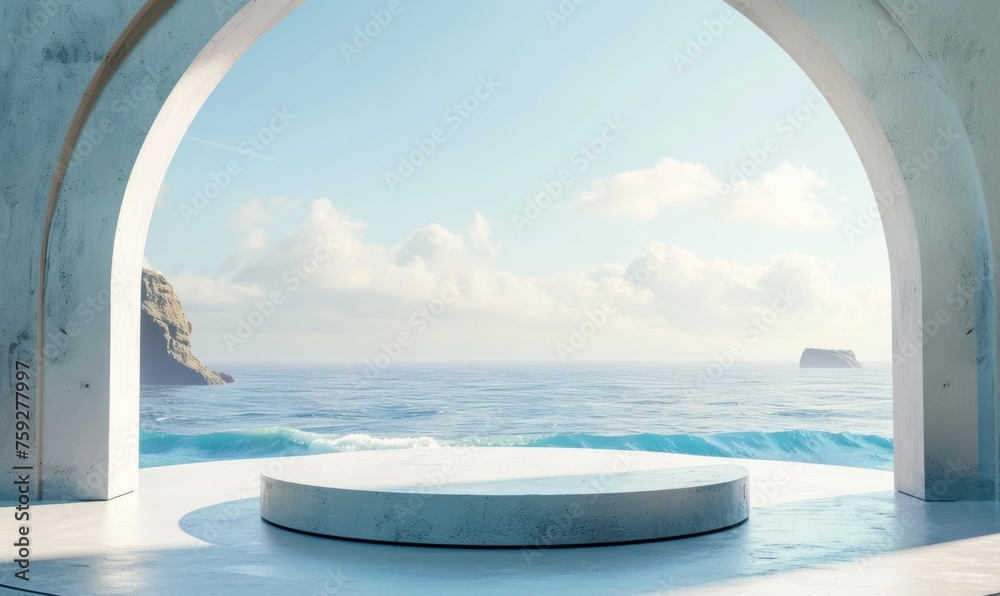 Empty Podium with Beach Background and Copy Space