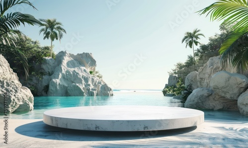 Empty Podium with Beach Background and Copy Space
