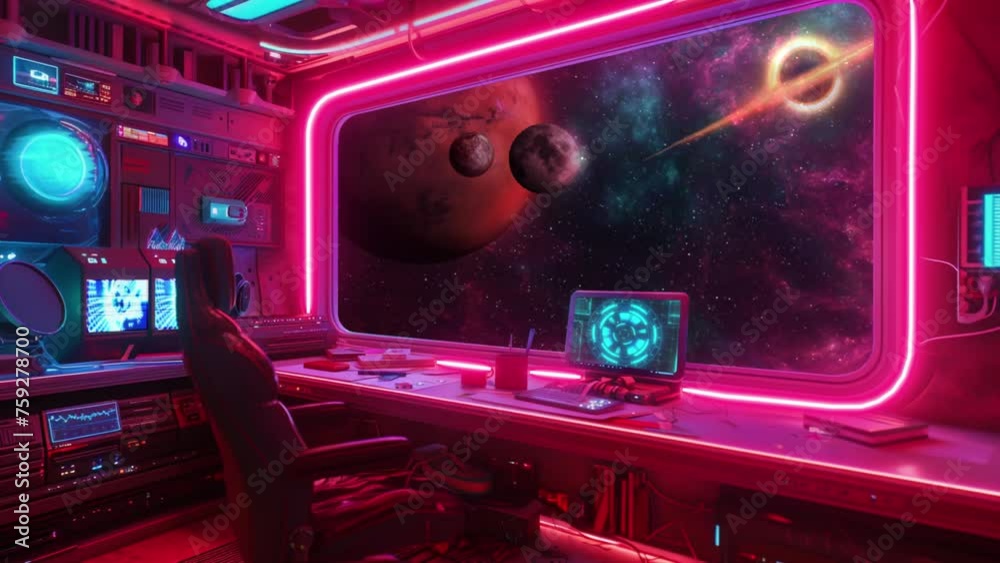 cute pink and red space station space ship interior with view of planets & nebula manga neon for obs livestream overlays animated seamless loop 4k video