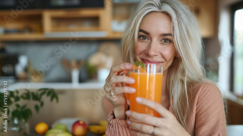 The woman with white hair is in the kitchen smiling and drinking freshly squeezed juice