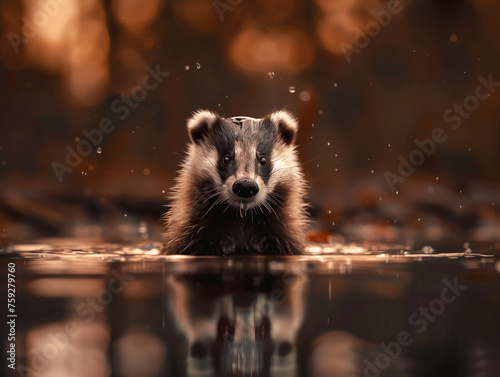 Badger in lake water, animal nature habitat, Germany, Europe. Wildlife scene. Wild Badger,