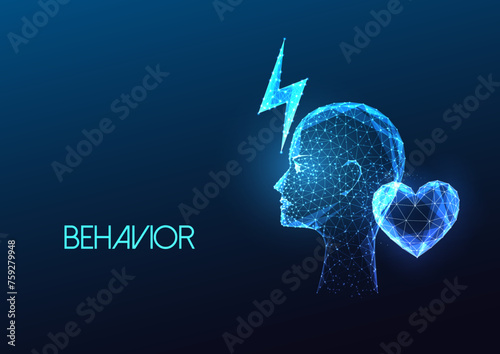 Human behavior, emotional responce futuristic concept with human head, lightning and heart symbols photo