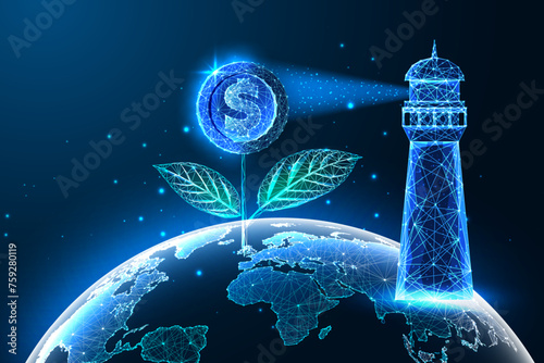 Global investment opportunities futuristic concept with lighthouse and coin flower standing on Earth