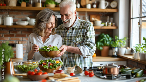 Happy married couple husband and wife prepare a delicious salad, healthy food, people smiling and happy in the kitchen