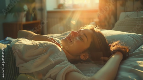 Woman stretching in bed after wake up, Pretty young woman in modern apartment stretching after wake up. Image of young smiling pretty lady lies in bed indoors. Eyes closed.