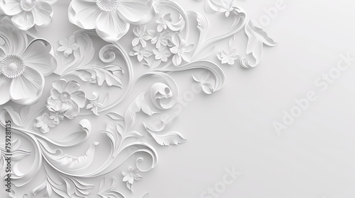 Intricate white background with layered elements and shadow effects Abstract white and light gray wave modern soft luxury texture with smooth clean lines, perspective wallpaper, banner copy space