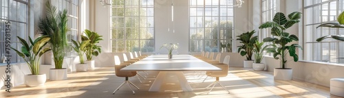 A minimalist bright meeting space for climate policy discussions photo