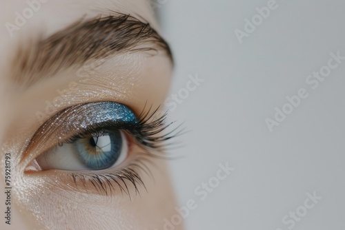 A close-up photo of a womans eye showcasing blue glitter applied to the eyelid,