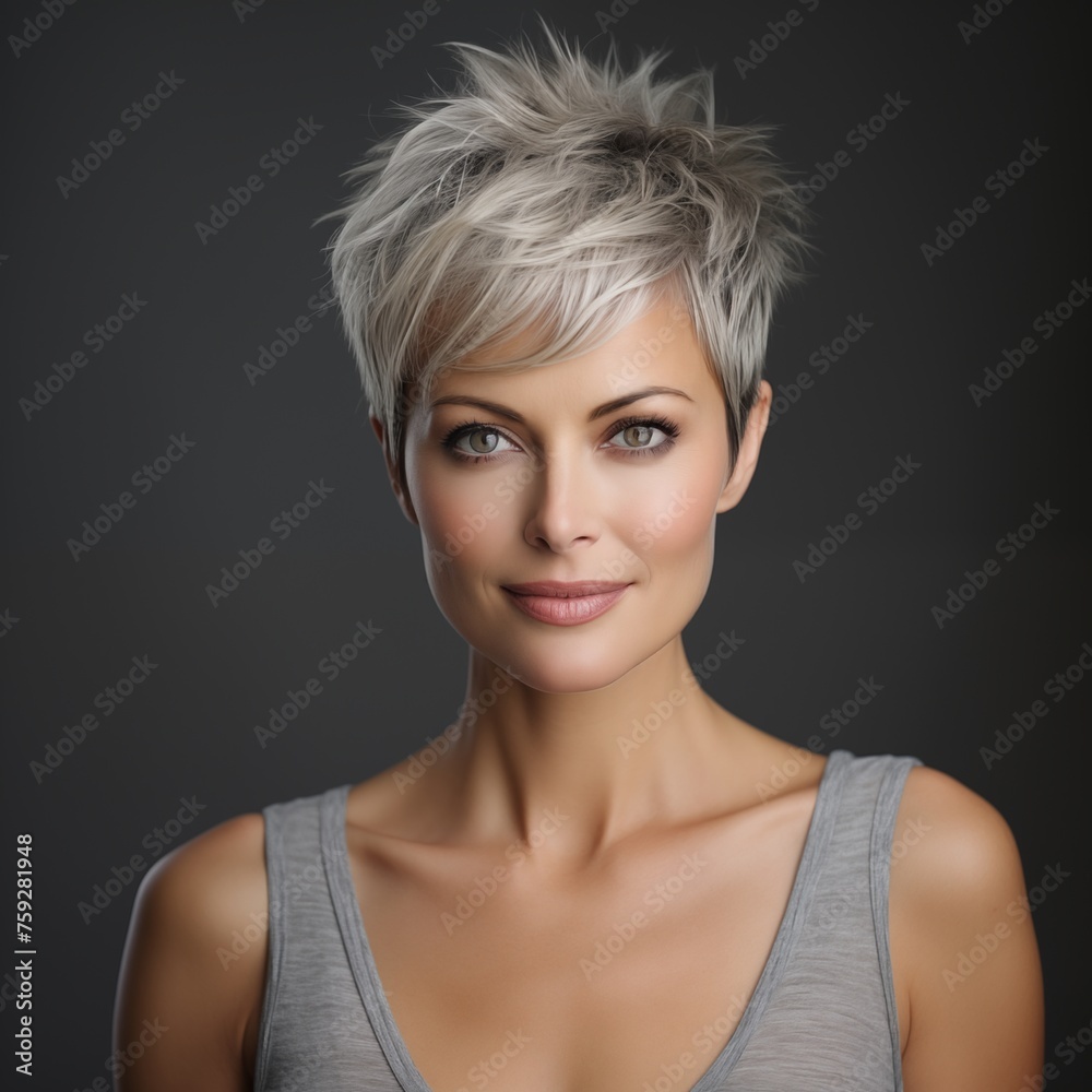 Studio shot of a Beautiful white mature and young woman apart looking at the camera on gray background, a haircut in style Pixie cut Studio shot of a Beautiful white mature and young woman apart looking at the camera on gray background, a haircut in style Pixie cut