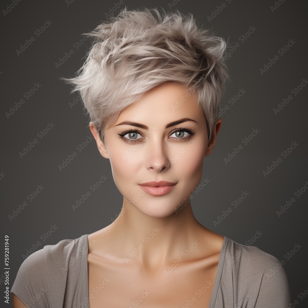Photo of a Lovely white woman, both mature and young, captured in a studio setting, each looking separately into the camera against a gray background, sporting a pixie cut hairstyle Photo of a Lovely white woman, both mature and young, captured in a studio setting, each looking separately into the camera against a gray background, sporting a pixie cut hairstyle