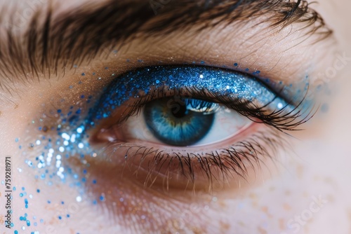 A close-up photo of a womans eye showcasing blue glitter applied to the eyelid,